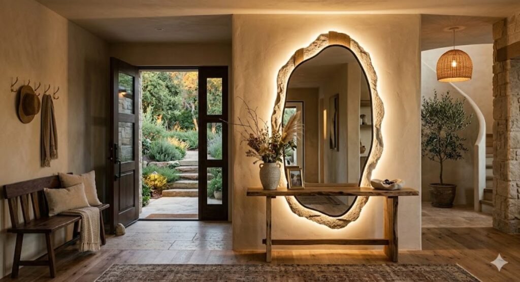 backlit organic mirror entryway